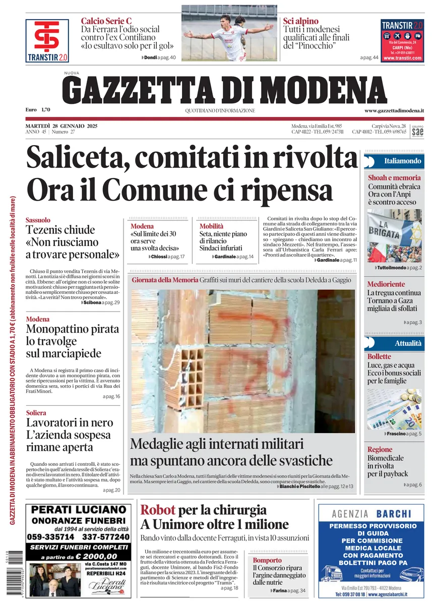 Prima-pagina-gazzetta di modena-oggi-edizione-del-2025-01-28